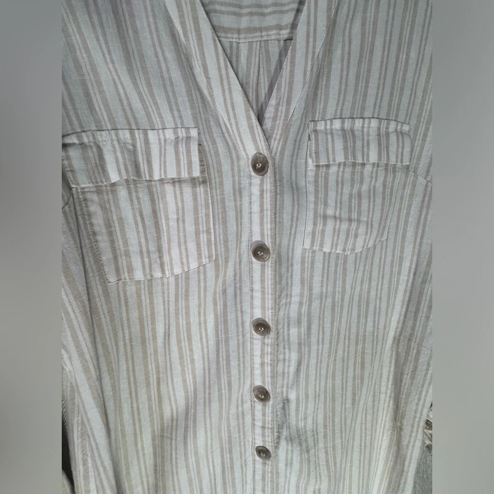 New York & Company Linen/Viscose Striped beige cream button up shirt dress Large - Picture 4 of 10
